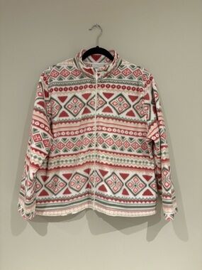 Cottagecore Alfred Dunner Cream, Pink & Green Patterned Zip-Up Fleece